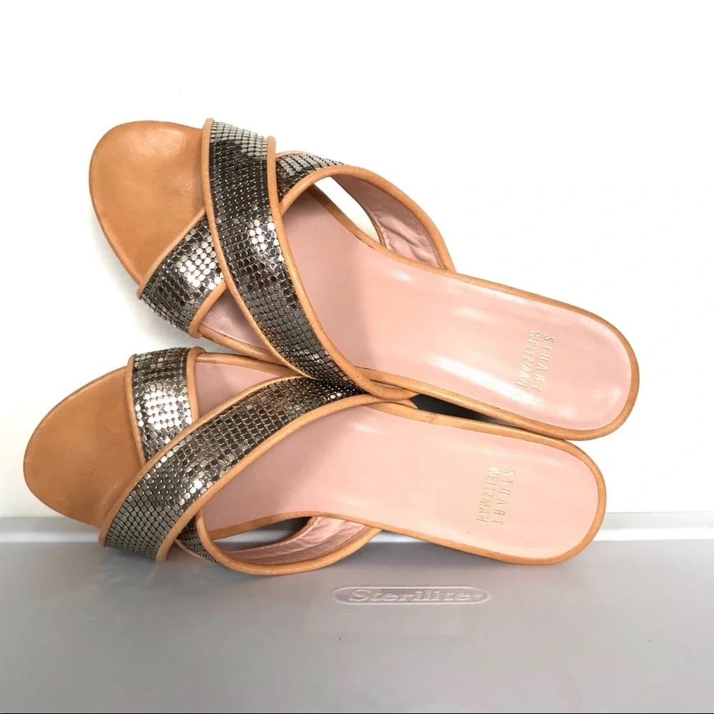 Stuart Weitzman Tan Platform Wedges with Metallic Snake-Print Straps